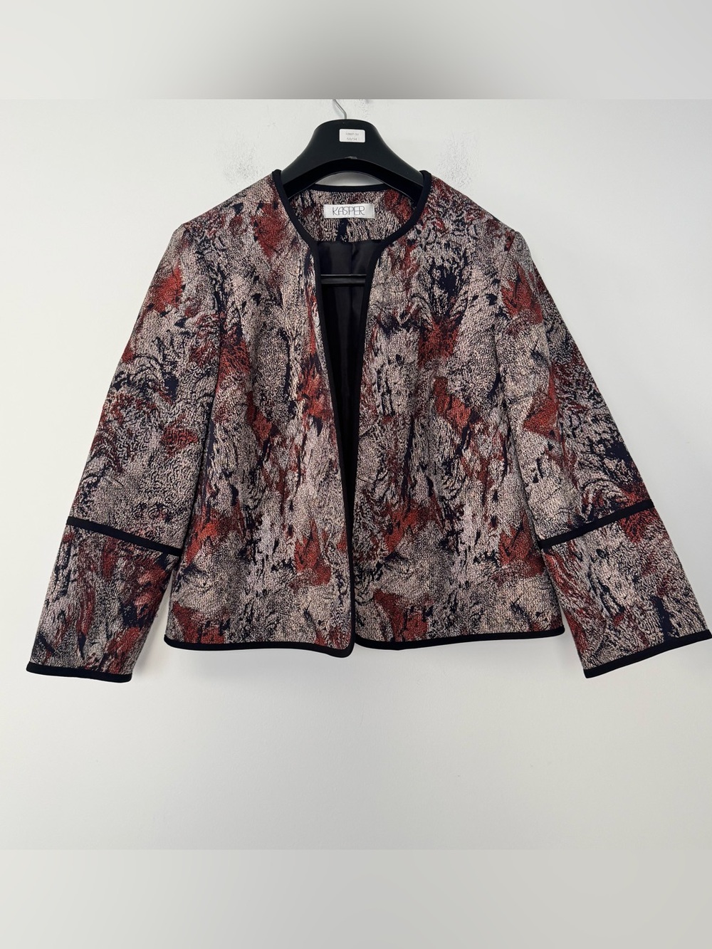 Kasper Womens Open Front Jacquard Blazer Jacket 8P Black Rust Abstract Work Boho